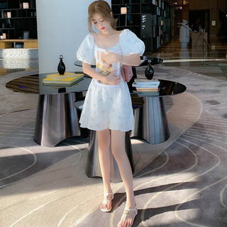Summer Elegant Puff Sleeve French Floral Print Mini Dress Japan Style Kawaii Dress Women 2023 ALODIA STORE