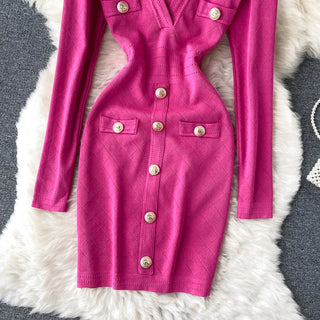 Women Knitted Pencil Dress Korean Long Sleeve V Neck Elastic Slim Dress ALODIA STORE