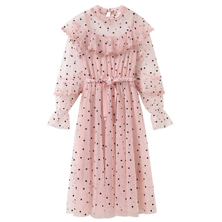 2022 Brand New Women Romantic Tulle Dress Stand Collar Beading Tassels Ruffles Long Sleeve Mesh Dress Cute Mid Dress Vestidos ALODIA STORE