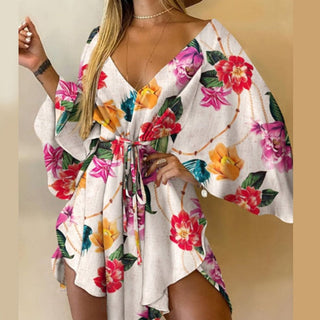 Casual Leaf Leopard Print Harajuku Batwing Sleeve Dress Lady Elegant Lace-Up Irregular Party Dress Sexy V-Neck Women Mini Dress ALODIA STORE