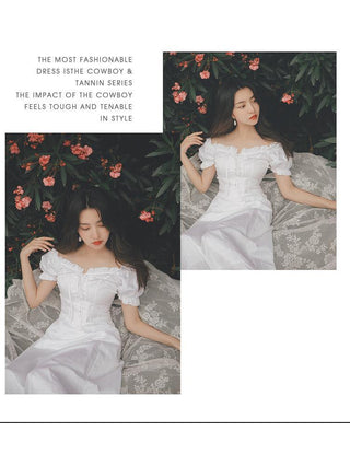Elegant Fairy Dress Women White French Puff Sleeve ALODIA STORE