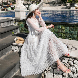 2022 Brand New Women Romantic Tulle Dress Stand Collar Beading Tassels Ruffles Long Sleeve Mesh Dress Cute Mid Dress Vestidos ALODIA STORE