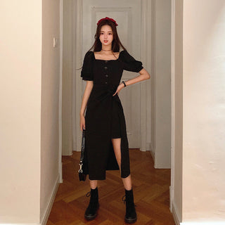 French Elegant Dress Women 2020 Autumn Casual Gothic Square Collar Puff Sleeve Chic Vintage Party Dress One-Piece Dress Korean ALODIA STORE