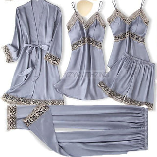 5PCS Robe Suit Satin Women Nightwear Lace Kimono Gown Bridal Wedding Bathrobe Set Sexy Pajamas V-Neck Sleepwear Lounge Lingerie ALODIA STORE