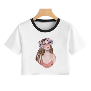 Summer Fashion Harajuku Sexy Tank Crop Top White Femme Clothes Women Cute Flower Season Girl Printed Croptop Short Sleeve ALODIA STORE