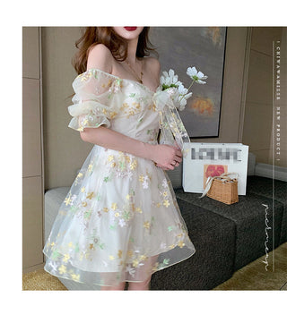 French Floral Dress Women Sexy Puff Sleeve Lace Chiffon Print Mini Dress Women Summer Korean Style Vintage Fairy Dress New 2023 ALODIA STORE