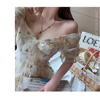 French Floral Dress Women Sexy Puff Sleeve Lace Chiffon Print Mini Dress Women Summer Korean Style Vintage Fairy Dress New 2023 ALODIA STORE