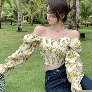 Women Floral Puff Sleeve Croptops Slim Fit Korean Tops Casual TShirts Tees Ruffles Chiffon Blouse Tops ALODIA STORE