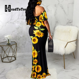 Sunflower Print Off Shoulder Maxi Dress Women Strapless Slash Neck Casual Long Dresses ALODIA STORE