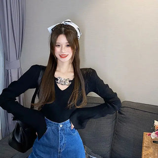 Women's Long Sleeve Black Croptop Knitted Sweater Sexy Party Slim Shirt Cropped Tops Korean Fashion Elegant Office Ladies ALODIA STORE