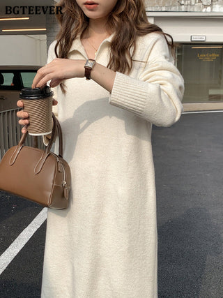 BGTEEVER Casual Thicken Warm Loose Sweater Dress Women Autumn Winter Lapel Full Sleeve Solid Long Knitted Dress Female vestidos ALODIA STORE