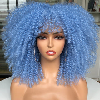 16''Short Hair Afro Kinky Curly Wig With Bangs For Black Women Cosplay Lolita Synthetic Natural Glueless Brown Mixed Blonde Wigs ALODIA STORE