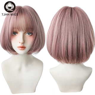 7JHH WIGS Short Bob Straight Ombre Blonde Wigs With Bang For Girl Black Female Synthetic Shoulder Length Crochet Hair Ginger Wig ALODIA STORE