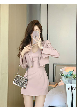 Autumn Pink Two Piece Dress Set Women Blazer Coat+Strap Dress Set Female Casual Korean Fashion ALODIA STORE