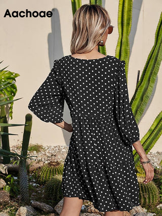 Aachoae Women Casual Loose Polka Dot Dress V Neck Pleated Chiffon Dress Lantern Half Sleeve Mini Beach Dress Summer Robe Femme ALODIA STORE