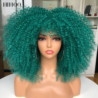 16''Short Hair Afro Kinky Curly Wig With Bangs For Black Women Cosplay Lolita Synthetic Natural Glueless Brown Mixed Blonde Wigs ALODIA STORE