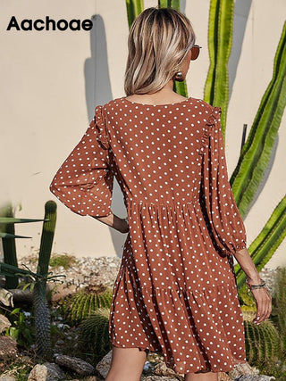 Aachoae Women Casual Loose Polka Dot Dress V Neck Pleated Chiffon Dress Lantern Half Sleeve Mini Beach Dress Summer Robe Femme ALODIA STORE
