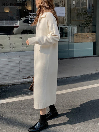 BGTEEVER Casual Thicken Warm Loose Sweater Dress Women Autumn Winter Lapel Full Sleeve Solid Long Knitted Dress Female vestidos ALODIA STORE