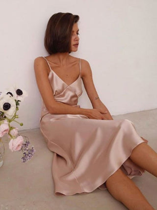 2023Women Satin Deep V Neck Sexy Dress Solid Straight Pajamas Party Dress Elegant Female Summer Spaghetti Strap Dress Casual ALODIA STORE