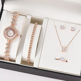 6PCS Set Luxury Watch Women Ring Necklace Earrings Rhinestone Fashion Wristwatch Female Casual Ladies Watches Bracelet Set Clock ALODIA STORE