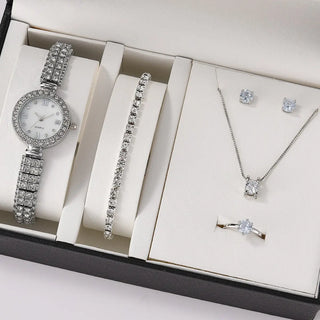 6PCS Set Luxury Watch Women Ring Necklace Earrings Rhinestone Fashion Wristwatch Female Casual Ladies Watches Bracelet Set Clock ALODIA STORE