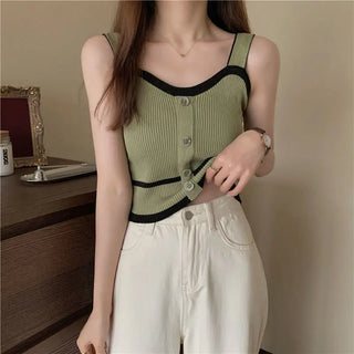 Fashion Summer Halter Off Shoulder Knitted Korean Sport Tank Crop Ribber Y2k Ropa De Mujer Croptop Cami Button Patchwork Ins Top ALODIA STORE