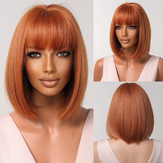 Pelucas sintéticas cortas y rectas para mujeres, cabello falso resistente al calor, Rubio a marrón, Ombre, Bob con flequillo, fiesta de Cosplay diaria ALODIA STORE