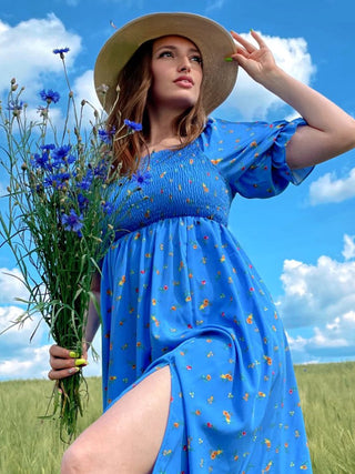 YuooMuoo Romantic Floral Print Split Long Summer Dress Puff Sleeve Party Korean style ALODIA STORE