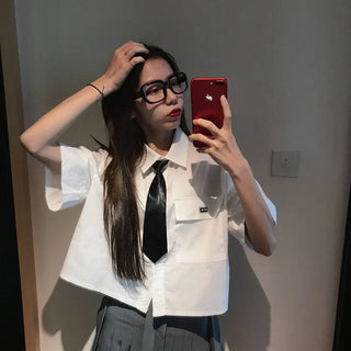 Preppy Style Women White Cropped Shirts Blouse for Girl Summer Button Up Tops Korean Fashion Clothes Short Croptop Clothing ALODIA STORE
