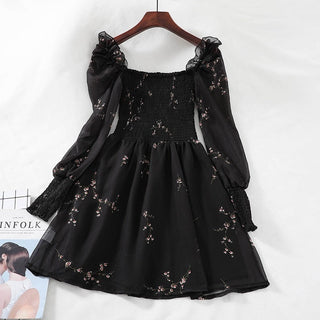 Sexy Black Dress Vintage Flower Long Puff Sleeve Chiffon Dresses ALODIA STORE