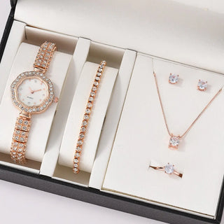 6PCS Set Luxury Watch Women Ring Necklace Earrings Rhinestone Fashion Wristwatch Female Casual Ladies Watches Bracelet Set Clock ALODIA STORE