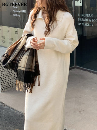 BGTEEVER Casual Thicken Warm Loose Sweater Dress Women Autumn Winter Lapel Full Sleeve Solid Long Knitted Dress Female vestidos ALODIA STORE