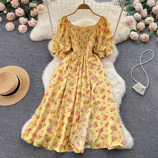 YuooMuoo Romantic Floral Print Split Long Summer Dress Puff Sleeve Party Korean style ALODIA STORE