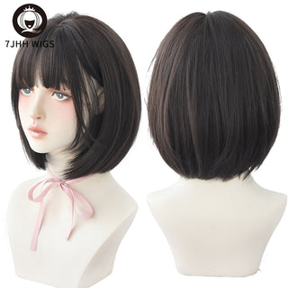 7JHH WIGS Short Bob Straight Ombre Blonde Wigs With Bang For Girl Black Female Synthetic Shoulder Length Crochet Hair Ginger Wig ALODIA STORE
