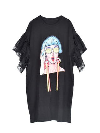 XITAO Splice Ribbon Cartoon Pattern Dress Women Puff Mesh Sleeve  Casual Party Black Dress Korean Style Summer DLL2106 ALODIA STORE