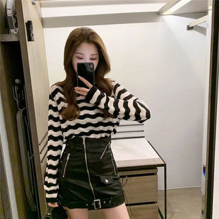 Women's Long Sleeve Striped Croptop Knitted Sweater Sexy Slim Shirt Cropped Tops Korean Fashion Spring Summer Vintage Clothing ALODIA STORE