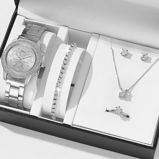6PCS Set Luxury Watch Women Ring Necklace Earrings Rhinestone Fashion Wristwatch Female Casual Ladies Watches Bracelet Set Clock ALODIA STORE