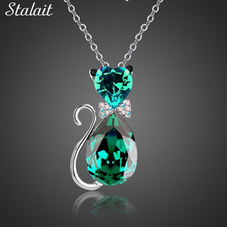 Cute Cat Pendant Necklace For Women Heart Crystal Jewelry Austrian Crystal Clavicle Chain Necklace ALODIA STORE