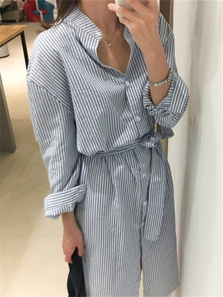 Colorfaith DR1800 2023 Striped Cotton and Linen Shirt Dress Lace Up Women Spring Summer Elegant Korean Fashion Lady Long Dresses ALODIA STORE