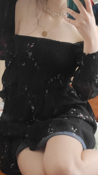 Sexy Black Dress Vintage Flower Long Puff Sleeve Chiffon Dresses ALODIA STORE