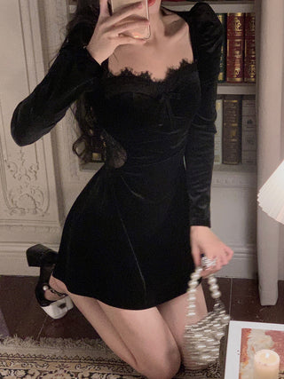 2022 Autumn Slim Black Velvet Dress Casual Korean Fashion ALODIA STORE
