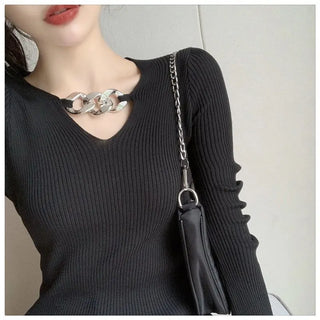 Women's Long Sleeve Black Croptop Knitted Sweater Sexy Party Slim Shirt Cropped Tops Korean Fashion Elegant Office Ladies ALODIA STORE