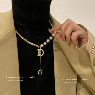 Design Sense Micro Setting Zircon D Letter Pendant Long Necklace Winter Sweater Chain Fashion Jewelry For Woman Girls Party Gift ALODIA STORE