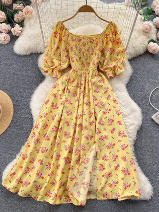 YuooMuoo Romantic Floral Print Split Long Summer Dress Puff Sleeve Party Korean style ALODIA STORE