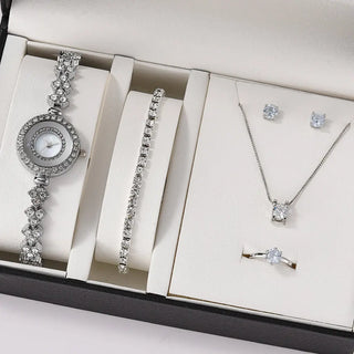 6PCS Set Luxury Watch Women Ring Necklace Earrings Rhinestone Fashion Wristwatch Female Casual Ladies Watches Bracelet Set Clock ALODIA STORE