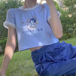 Women Teenage Kawaii Girl Crop Top T Shirt Korean Style Tshirt Short Tee Fairy Core Clothes Cute Fairycore Clothing Croptop ALODIA STORE