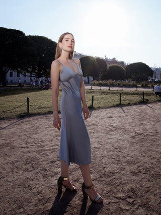 2023Women Satin Deep V Neck Sexy Dress Solid Straight Pajamas Party Dress Elegant Female Summer Spaghetti Strap Dress Casual ALODIA STORE
