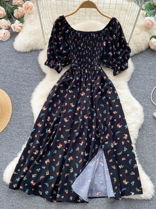 YuooMuoo Romantic Floral Print Split Long Summer Dress Puff Sleeve Party Korean style ALODIA STORE
