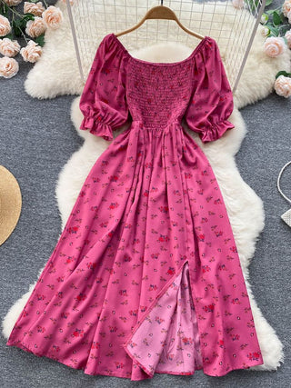YuooMuoo Romantic Floral Print Split Long Summer Dress Puff Sleeve Party Korean style ALODIA STORE