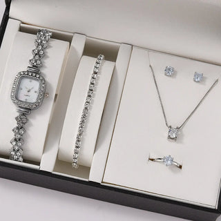 6PCS Set Luxury Watch Women Ring Necklace Earrings Rhinestone Fashion Wristwatch Female Casual Ladies Watches Bracelet Set Clock ALODIA STORE